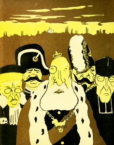 II. Lipót a képen bírósági bíróval, rendőrrel, katonai tábornokkal és pappal, 1904.